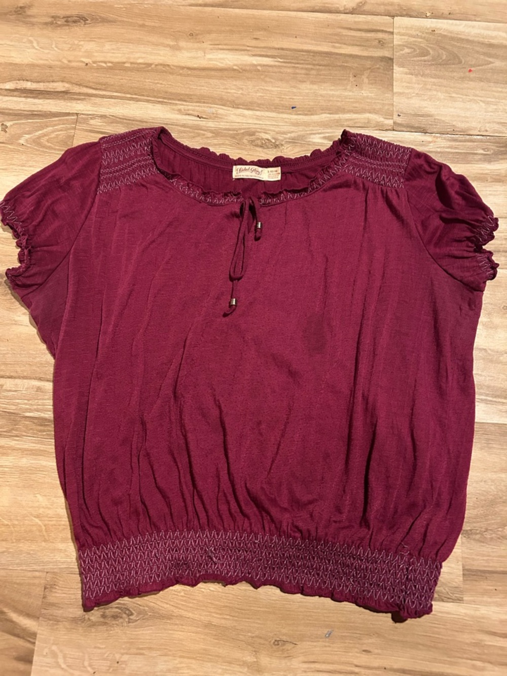 Faded Glory Burgundy Tie-Neck Smocked Hem Blouse